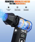 Close-up of Beastly Mini Air Duster with LED Light showcasing 150000 RPM motor specifications.