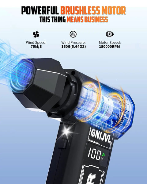 Close-up of Beastly Mini Air Duster with LED Light showcasing 150000 RPM motor specifications.