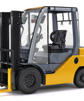 KEMIMOTO forklift rain cover with clear PVC cab enclosure installed on yellow forklift, rear window.