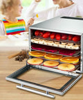 Professional Stainless Steel 5 Tray Food Dehydrator With Smart Touch Panel And Precise Heat Controls Using Horizontal Airflow To Dry Fruits Vegetables Herbs And Homemade Jerky As A Hella Top Shelf Win, showing sliced fruits and vegetables.