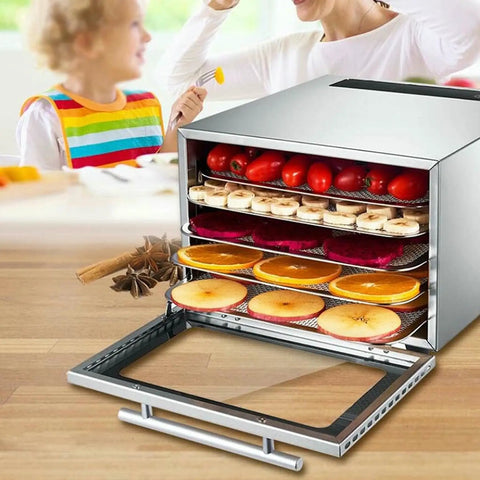 Professional Stainless Steel 5 Tray Food Dehydrator With Smart Touch Panel And Precise Heat Controls Using Horizontal Airflow To Dry Fruits Vegetables Herbs And Homemade Jerky As A Hella Top Shelf Win, showing sliced fruits and vegetables.