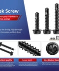 Gauge 8 By 3 4 Inch Self Drilling Screws 215 Piece Pack Hex Washer Head 410 Stainless Steel Sheet Metal Fastener Set Black Oxide Coating, shown from various angles.