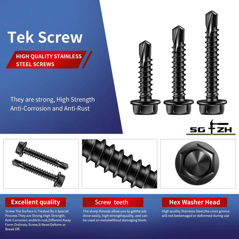 Gauge 8 By 3 4 Inch Self Drilling Screws 215 Piece Pack Hex Washer Head 410 Stainless Steel Sheet Metal Fastener Set Black Oxide Coating, shown from various angles.