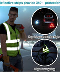 Man wearing Cooling Safety Vest With 24 Ice Packs For Hot Weather Work That Keeps You Cool From Front To Back, reflective at night.