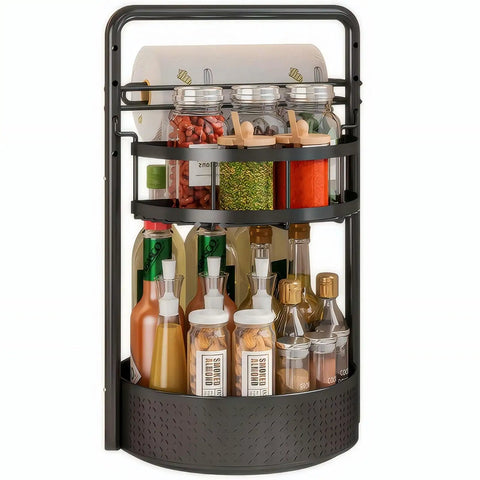 Rotating Spice Rack With Paper Towel Holder No Fuss Two Tier Lazy Susan For Spices Iron Kitchen Organizer Black Countertop