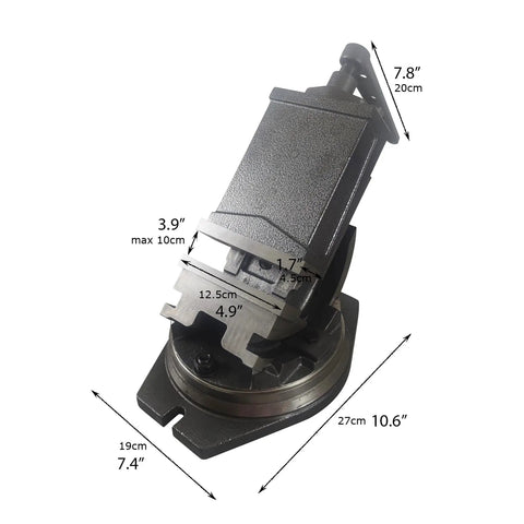 Five Inch Milling Machine Vise With Swivel Base And Four Direction Adjustable Jaws showcased at an angle, highlighting construction and dimensions.