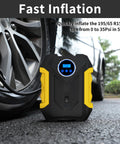 Portable Car Tire Inflator With LED Light No Fuss Auto Shut Off Digital Air Compressor For 12V DC shown beside car tire