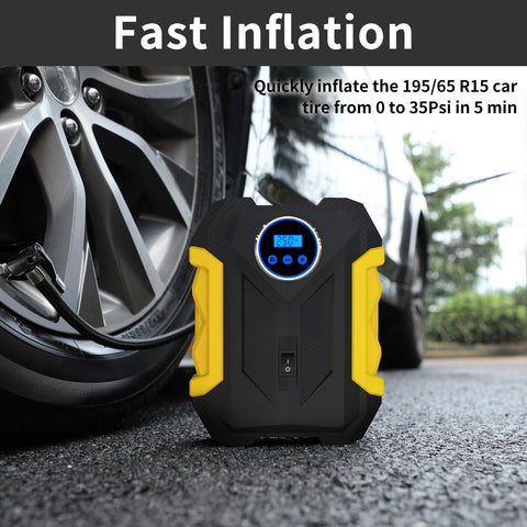 Portable Car Tire Inflator With LED Light No Fuss Auto Shut Off Digital Air Compressor For 12V DC shown beside car tire