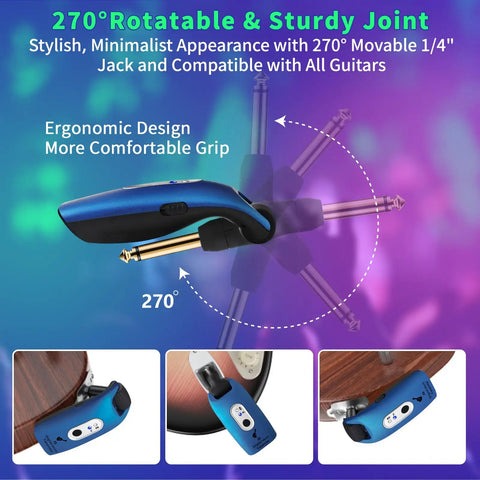 2.4GHz Wireless Guitar System For Electric Guitar And Bass With No Latency, 270 Degree Rotatable Plug, Blue Kit