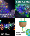Stunning 12.6 Foot 350 LED Waterfall Christmas Lights showing multicolor glow, waterproof design, and energy-saving features.