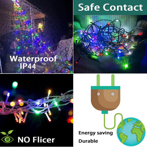 Stunning 12.6 Foot 350 LED Waterfall Christmas Lights showing multicolor glow, waterproof design, and energy-saving features.