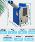 Heavy Duty 220 Volt Industrial Air Conditioner Featuring 18700 Btu Cooling Output And Hella Rapid Airflow to beat roasting temps indoors or outdoors effortlessly, showing size and specifications.