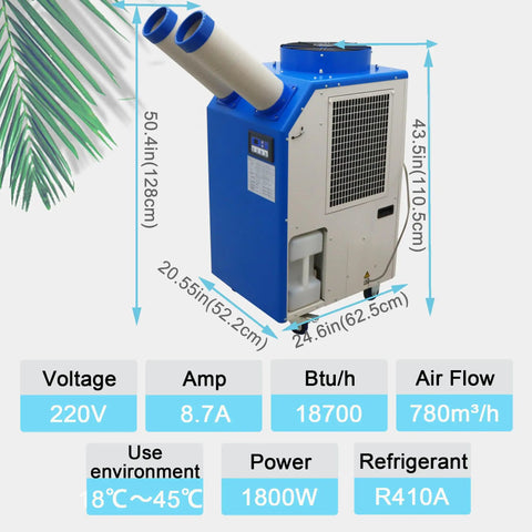 Heavy Duty 220 Volt Industrial Air Conditioner Featuring 18700 Btu Cooling Output And Hella Rapid Airflow to beat roasting temps indoors or outdoors effortlessly, showing size and specifications.