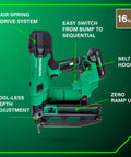 18 Volt Cordless Brushless 16 Gauge Finish Nailer Kit with 2.0Ah battery, highlighting features like Air Spring Drive System.