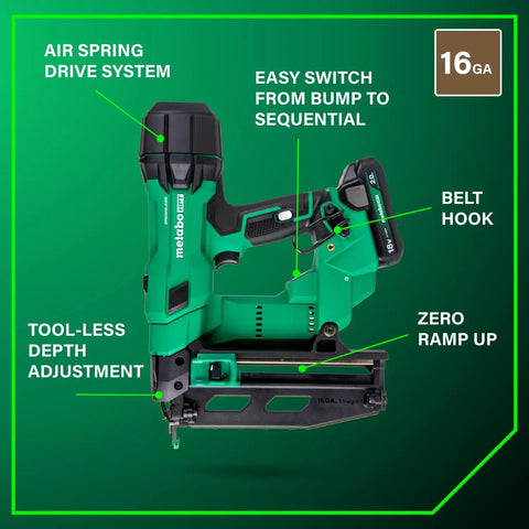 18 Volt Cordless Brushless 16 Gauge Finish Nailer Kit with 2.0Ah battery, highlighting features like Air Spring Drive System.