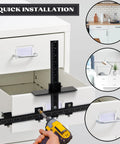 Cabinet Hardware Jig Aluminum Template Tool For Fast And Accurate Handle And Pull Installations Black Durable Aluminum Alloy Cabinet Jig For DIY Builders And Pros being used on a kitchen drawer with a drill.