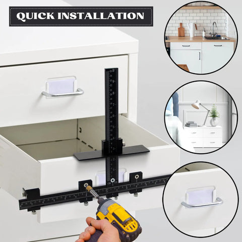 Cabinet Hardware Jig Aluminum Template Tool For Fast And Accurate Handle And Pull Installations Black Durable Aluminum Alloy Cabinet Jig For DIY Builders And Pros being used on a kitchen drawer with a drill.