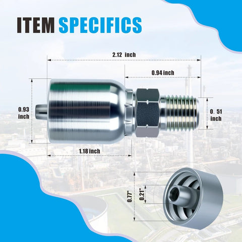 Side view of AKM 1/4 in NPTF male hydraulic hose fitting with metal crimp ends