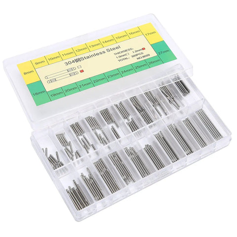 Friction Bar Watch Band Pin Set For Quick Strap Repairs case showing 304 stainless steel 1.2mm pins in 20 sizes, 8 to 27mm range