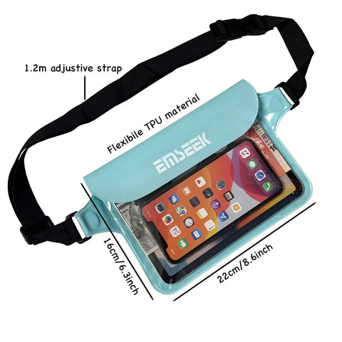 Waterproof Waist Pouch Dry Belt Bag for Swim Surf Snorkel Keep Phone Kindle Wallet Keys and Fob Dry and Safe Lightweight Fanny Pack Submersible to 32 Feet Fits Most Phones Green with black adjustable strap and flexible TPU material