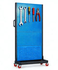 Blue pegboard tool organizer on wheels with hanging tools, highlighting Heavy Duty Mobile 4 Tier Steel Workshop Shelving Unit With Wheels And Handle.