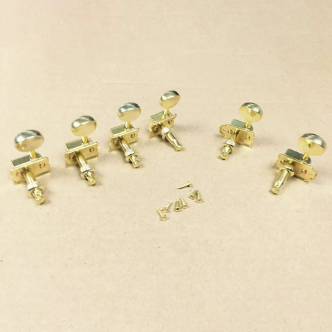 Stunning Gold Electric Guitar Tuning Pegs Set With 6 Right Semi-Enclosed Machine Heads And Premium Keys Plus Installation Hardware close-up view.