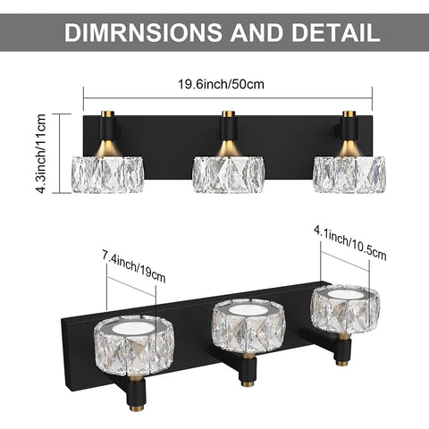 Dimensions of Three Light Crystal Bathroom Vanity Light Fixtures Over Mirror Black Modern Dimmable LED Wall Lights 6000K Cool White