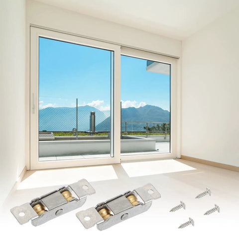 Top Shelf 88 Type Sliding Window Roller Pulley Featuring Double Copper Wheels And Rust Resistant Stainless Steel Build For Whisper Quiet Patio Door Glide And Quick Swap visible with a sliding door and screws.