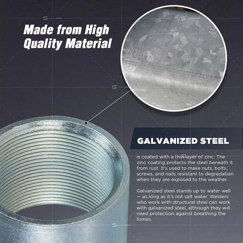 Heavy Duty 5 Inch Straight Merchant Steel Pipe Coupler Built Solid For Rough And Ready Site Work Featuring Galvanized Rust Proof Coating and inner threading detail.