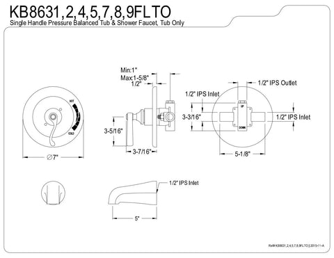 Technical diagram of Royale Single Handle Pressure Balanced Tub Faucet in Oil Rubbed Bronze with wall mount and IPS connections.