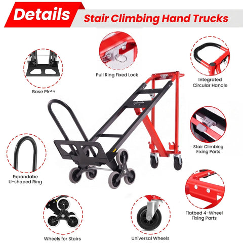 Rock Solid Heavy Duty Workhorse 1000 Pound Stair Climbing Dolly Four In One Convertible Hand Truck Foldable Moving Cart With Bulletproof Solid Wheels For Crushing Loads At Home Or Work Red showcases fixed lock, handle, and stair wheels.