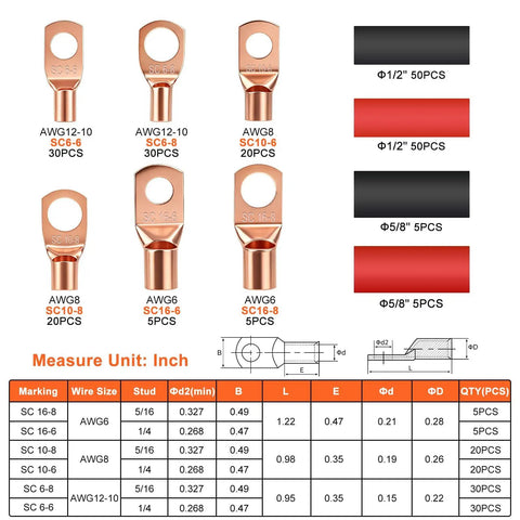 Top Grade 220 Pieces Copper Wire Lug Kit With AWG 6 8 10 And 12 Battery Cable Ends Includes Ring Terminals Heat Shrink Tubes Plus Storage Box For Your Rig, copper lugs and heat shrink sizes