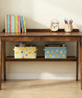 Score This Legit 47 Inch Solid Wood Writing Desk With Warm Walnut Finish showcasing books, drawers, and storage baskets.