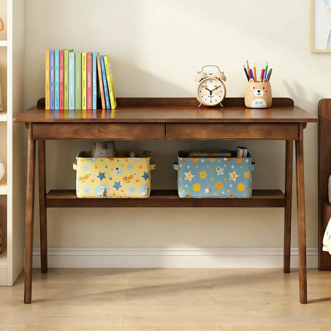 Score This Legit 47 Inch Solid Wood Writing Desk With Warm Walnut Finish showcasing books, drawers, and storage baskets.