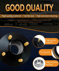 Front view of black 4-lug trailer hub kit with four gold studs and bearing kit.