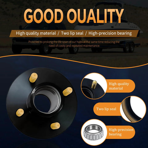 Front view of black 4-lug trailer hub kit with four gold studs and bearing kit.