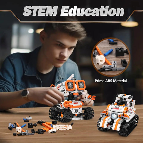 3 In 1 Remote And App Controlled STEM Robotics Kit For Kids Ages 8 To 12, 560 Piece Building Set with robots on table
