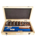 18 Piece CNC Keyway Broach Set With Bushing Shim Kit in wooden box, high speed steel, for precision machining, sizes half to one and a half inch.