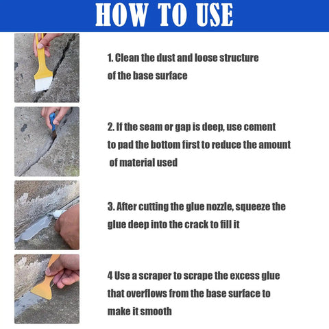 Instructions for using Fast Drying Crack Resistant Gap Filling Glue For Concrete Cracks Waterproof Repair Sealant.