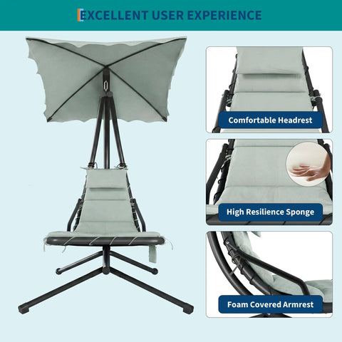 Outdoor Chaise Lounger Swing Chair With Umbrella Canopy Hanging Patio Chair With Stand Curved Steel Cantilever Lounge front view