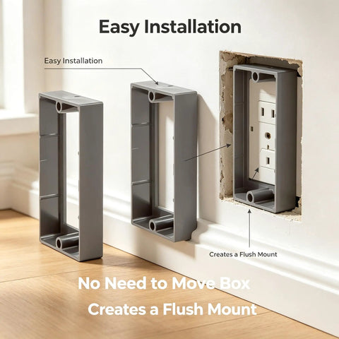 Three Quarter Inch Single Gang Outlet Box Extender Ul Listed Flame Retardant Electrical Spacer installed for flush wall fit.