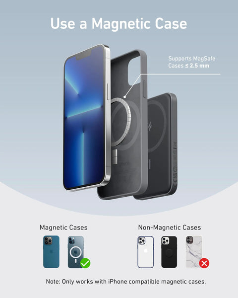 Image showing Tiny But Mighty 5000mAh Magnetic Power Bank with iPhone in a MagSafe case and comparison to non-magnetic cases.