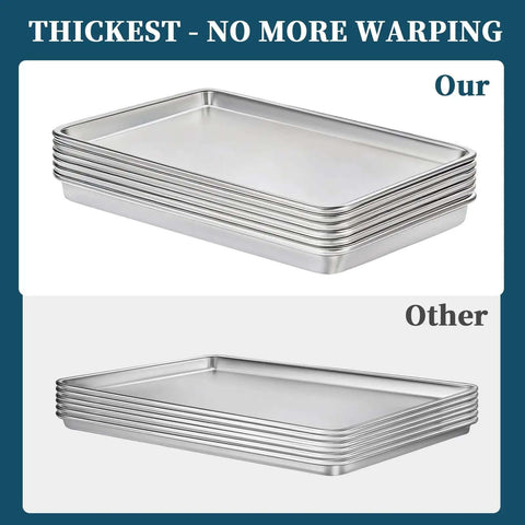 Comparison of heavy duty aluminum baking sheet pan set 26 by 18 inches 6 pack showing thick rims preventing warping.