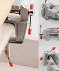 Built Tough Mini Table Vise Crafted From Premium Aluminum Alloy featuring wide flat jaws mounted on a workbench for jewelry making.