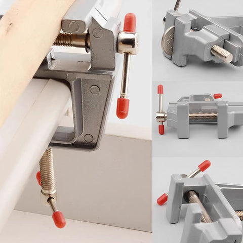 Built Tough Mini Table Vise Crafted From Premium Aluminum Alloy featuring wide flat jaws mounted on a workbench for jewelry making.