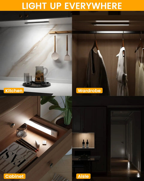 Under Cabinet Lights With Motion Sensor USB C Rechargeable Wireless LED Kitchen Lighting 3 Pack Battery Operated showing use in kitchen, wardrobe, cabinet, and aisle.