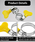 Stainless steel adjustable hose clamps with yellow handle for 10-16mm hoses, corrosion resistant and durable for multiple uses.