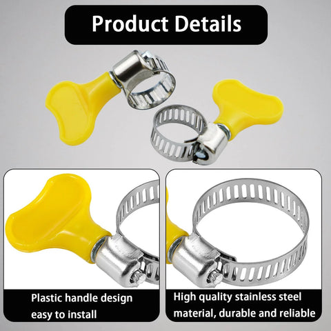 Stainless steel adjustable hose clamps with yellow handle for 10-16mm hoses, corrosion resistant and durable for multiple uses.