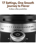 Electric Conical Burr Coffee Grinder With 17 Grind Settings From French Press To Espresso control dial showing grind size options.