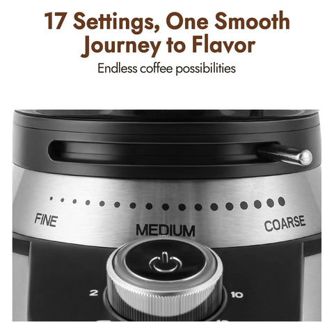 Electric Conical Burr Coffee Grinder With 17 Grind Settings From French Press To Espresso control dial showing grind size options.